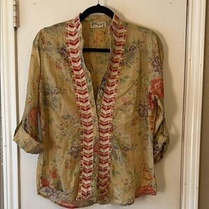 Floral Button Down Shirt with Red Accents